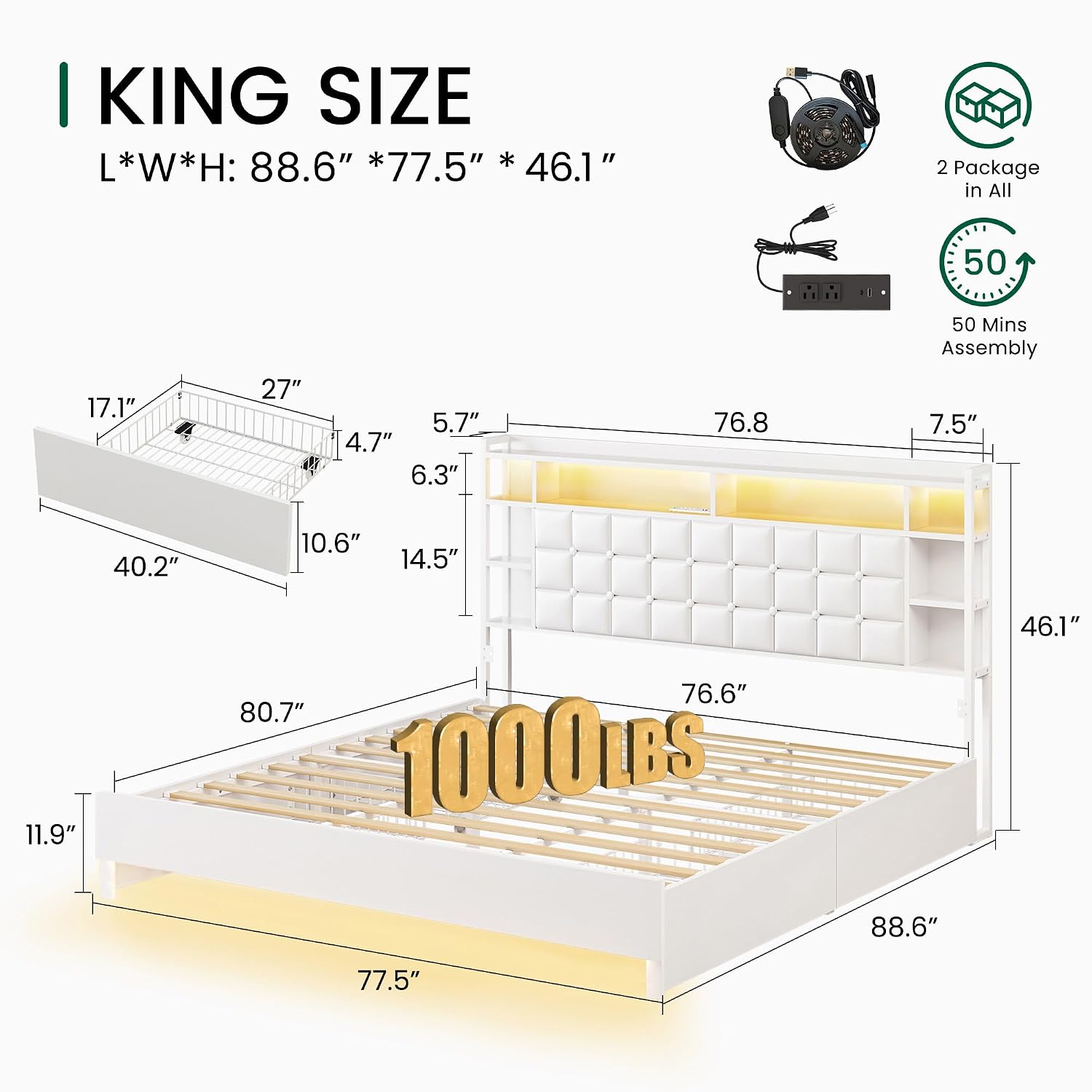 King Size Bed Frame With Storage Drawers - โครงเตียงไม้ขนาดคิงไซส์ พร้อมลิ้นชักเก็บของและหัวเตียงแบบมีไฟ LED สามารถปรับแต่งได้