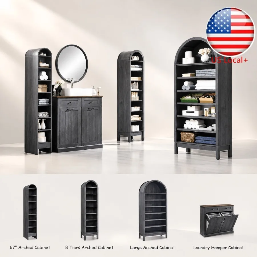 Storage - ตู้เก็บของในห้องน้ำทรงโค้งสูง 67 นิ้ว ตู้ไม้สไตล์ฟาร์มเฮาส์แบบตั้งพื้น 8 ชั้น