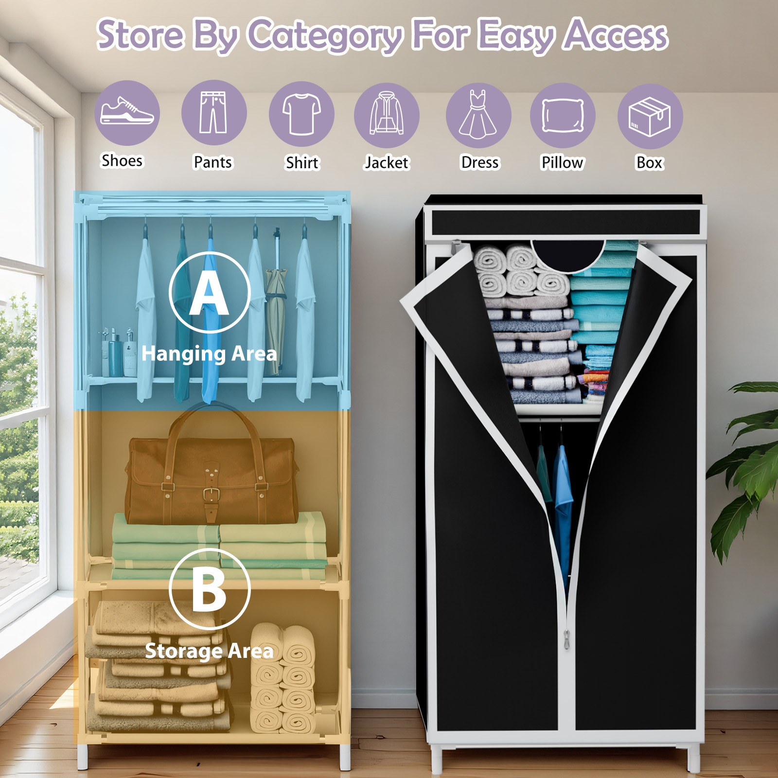 Wardrobe Closet Portable Fabric Cover - ตู้เสื้อผ้าแบบพกพาพร้อมราวแขวนผ้า พร้อมผ้าคลุมกันฝุ่น ขนาด 16 มม. สำหรับห้องนอน