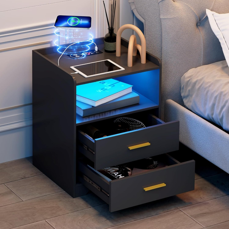 Solid Wood Nightstand 2 Drawers - โต๊ะข้างเตียง LED สีดำพร้อมแท่นชาร์จ ไฟ LED RGB