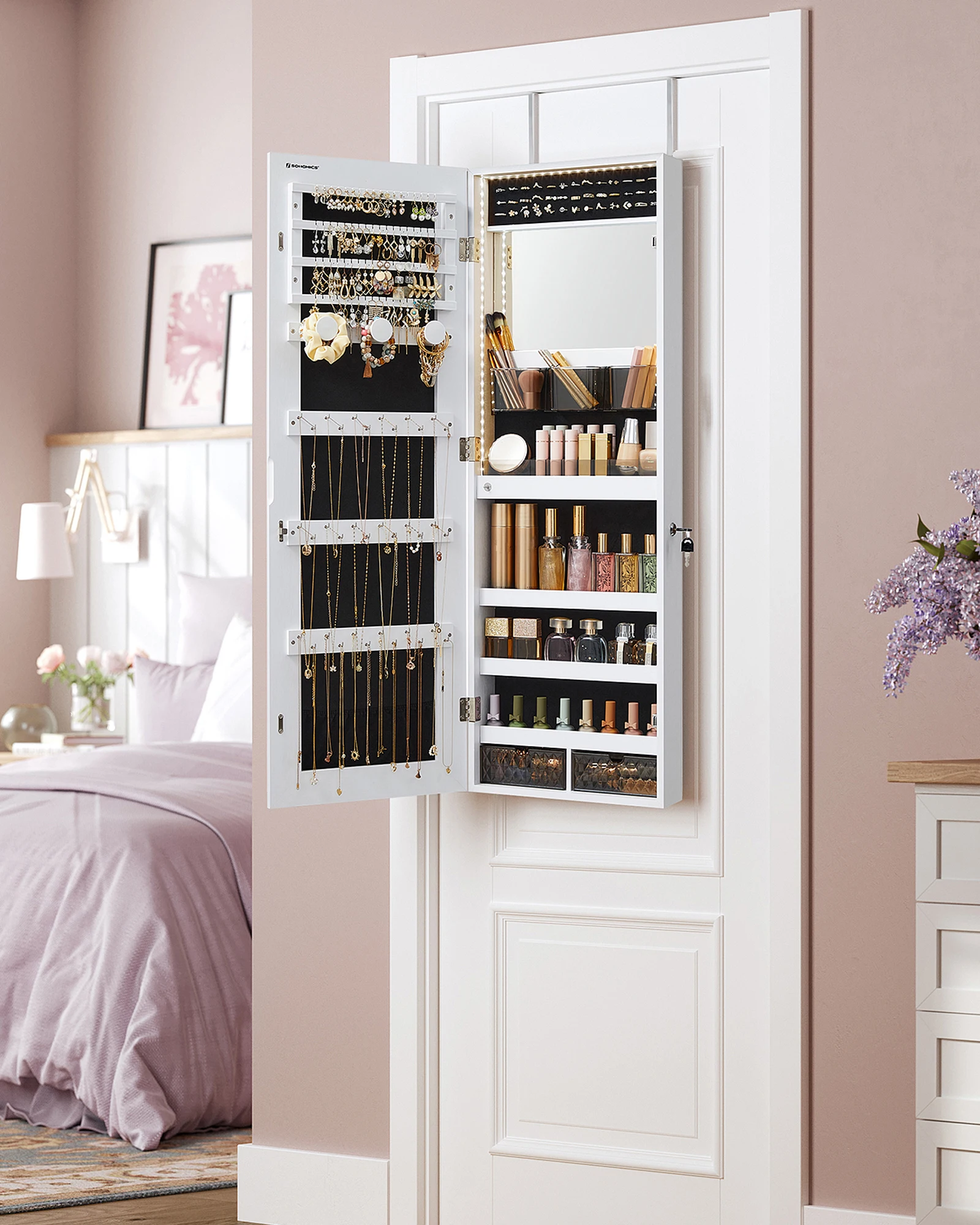 Full Length Mirror Jewelry Armoire - # ตู้ Armoire เครื่องประดับอเนกประสงค์ ตู้ใส่เครื่องประดับติดผนังแบบล็อคได้สีขาวพร้อมกระจกยาว