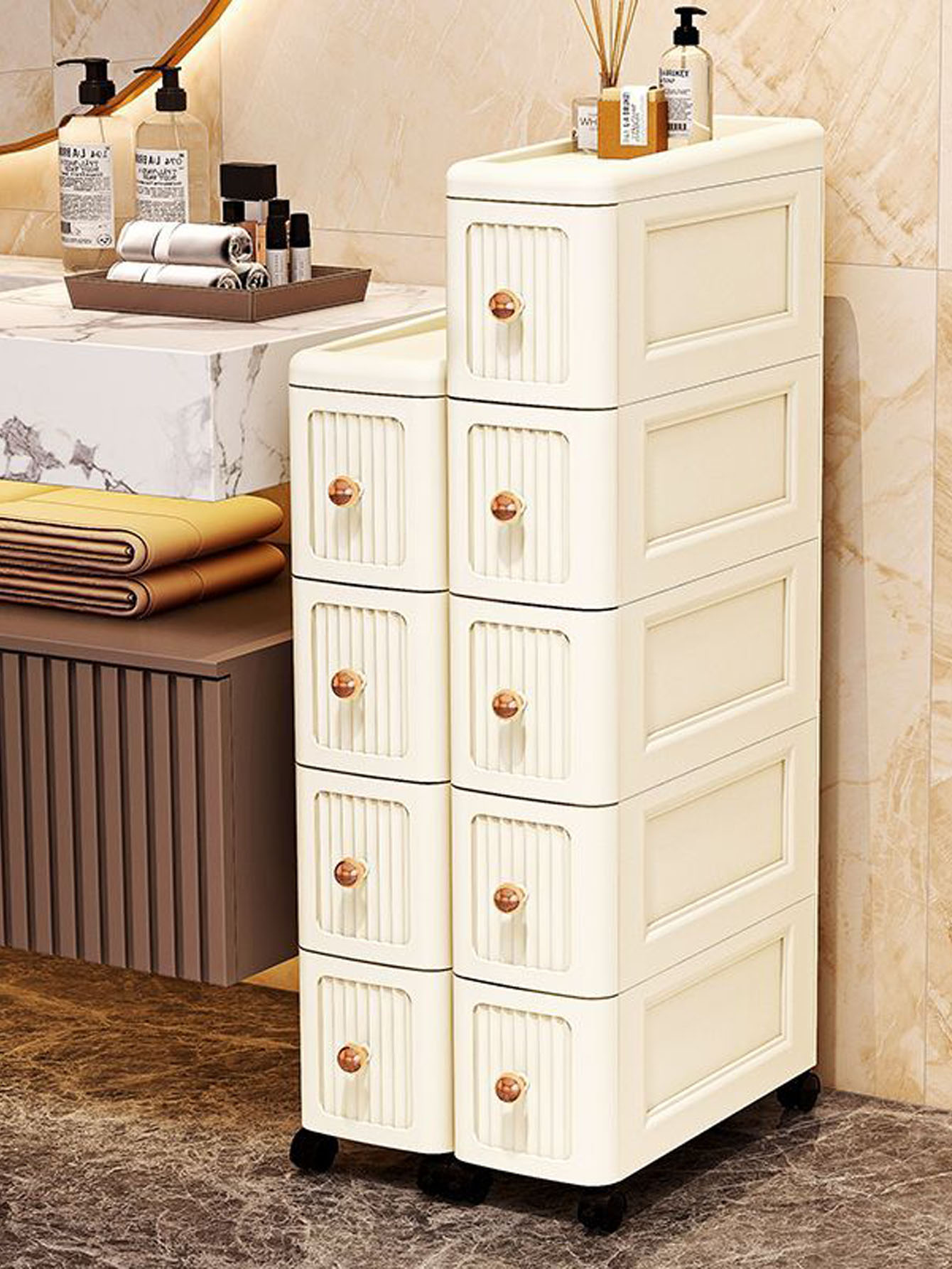 Storage - ตู้เก็บของแบบมีช่องว่างกว้าง 15 ซม. – ชั้นวางของแบบแคบสำหรับตู้เย็นในครัวและใต้โต๊ะ, ตัวจัดระเบียบแบบหนาสำหรับพื้นที่ขนาดเล็ก,