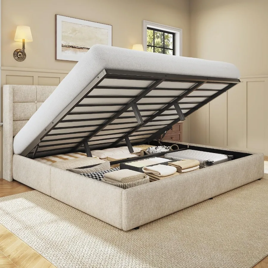 Gas Lift Storage Bed Hydraulic - โครงเตียงยกสูงพร้อมพื้นที่เก็บของ, เตียงแพลตฟอร์มบุผ้าลินินพร้อมหัวเตียงแบบปีก, ระบบยกไฮดรอลิกแบบแก๊สแรงสูงใต้เตียง