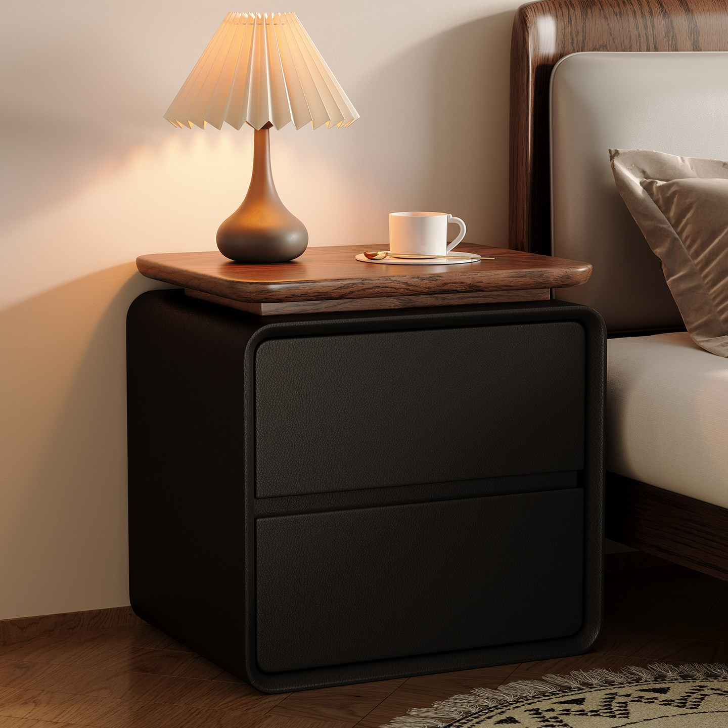 โต๊ะข้างเตียงไม้จริงหุ้มหนัง ด - Solid Wood Nightstand 2 Drawers บทวิจารณ์และราคา