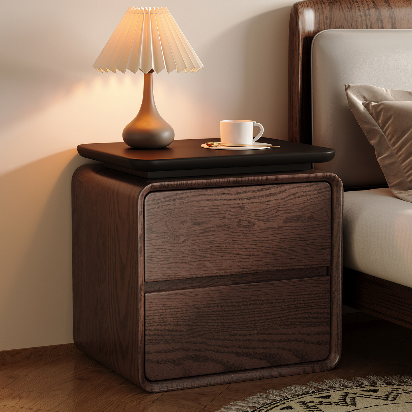 โต๊ะข้างเตียงไม้จริงหุ้มหนัง ด - Solid Wood Nightstand 2 Drawers บทวิจารณ์และราคา