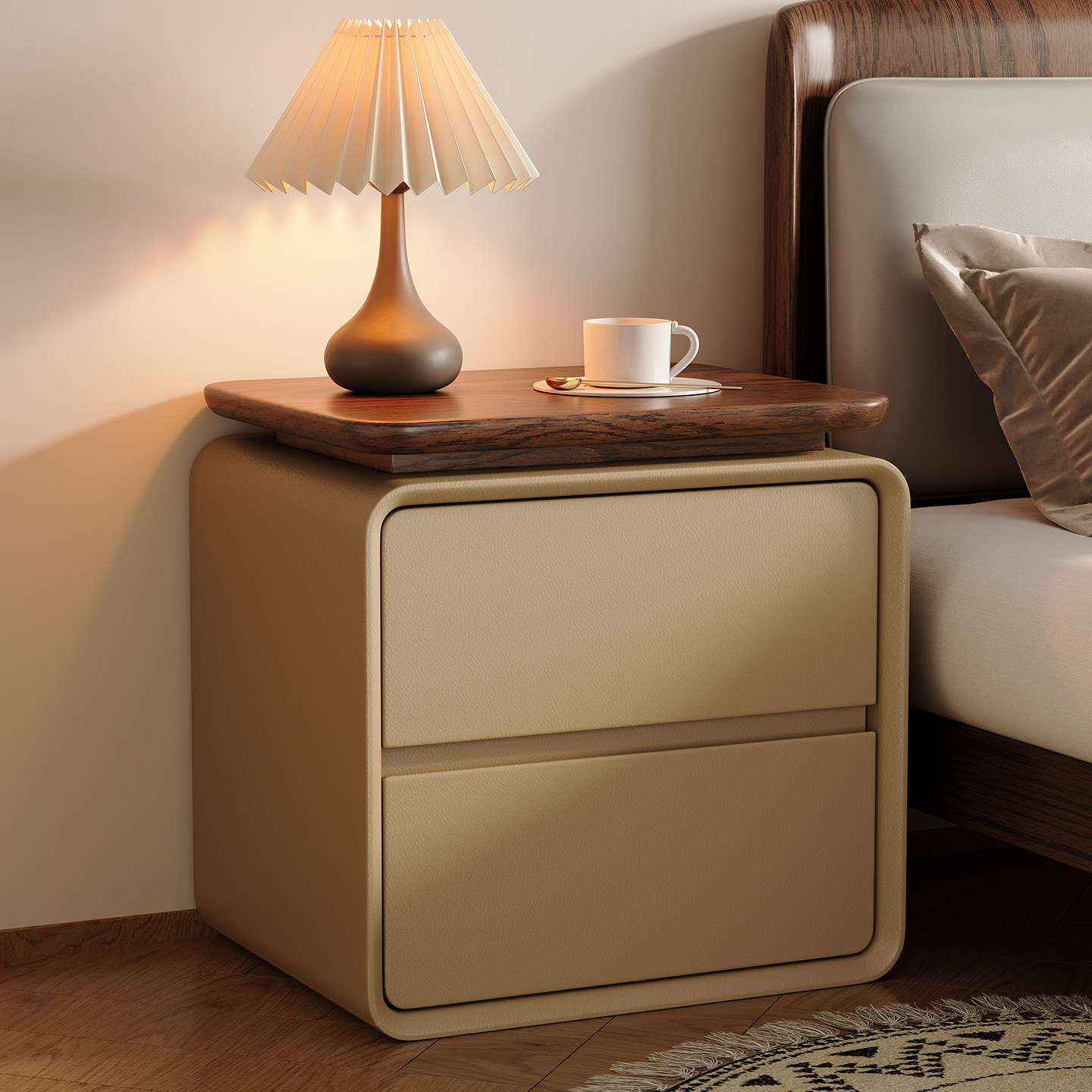 โต๊ะข้างเตียงไม้จริงหุ้มหนัง ด - Solid Wood Nightstand 2 Drawers บทวิจารณ์และราคา